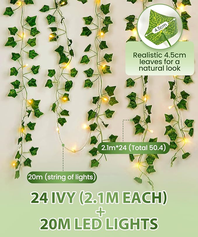 KASZOO 24Pack / Each 82 inch, Artificial Ivy Garland Fake Plants with 160 LED String Light, Green for Wedding Party Garden Outdoor Greenery Wall Decoration