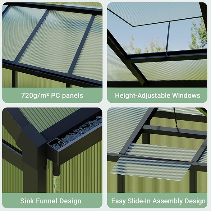 6X8 FT Greenhouse, Polycarbonate Garden Greenhouse for Outdoors,Aluminum Frame Green House with Lockable Door and Adjustable Roof Vent, Ideal for Backyard Patio and Outside Growing