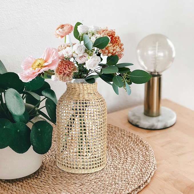 DOITOOL Glass Vase with Rattan Cover, Farmhouse Rattan Vase, Wicker Vase Flower Bud Vase, Decorative Flower Vase Floral Container for Floral Arrangements Housewarming Party Home Decor (L+XS)