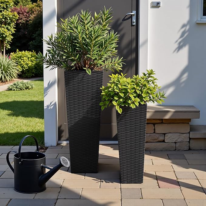 Flamaker Resin Rattan-Design Planters Set of 2, 32'' Tall Flowerpot with Additional Pot for Soil, Durable Weather-Resistant Planter with Drainage Holes for Garden, Patio, Backyard (Black, Large)