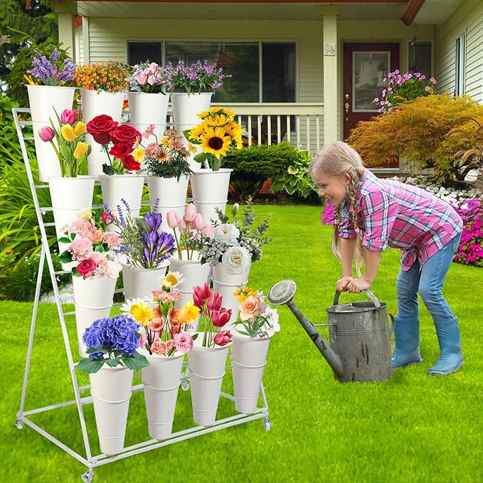 SPTZQURY Flower Display Stand with Buckets, 3 Layers Metal Plant Stand, Moving Florist Bouquet Shelf for Fresh Flower Shop, for Patio Garden, Outdoor Flower Pop-Up Events (White Frame - White Bucket)