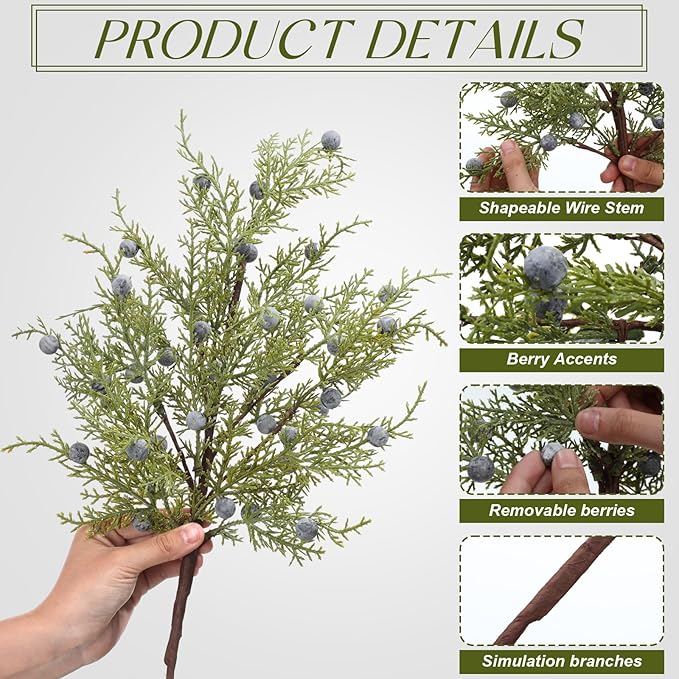 Giegxin 12 Pcs 18 Inch Artificial Juniper Cedar Sprays and Berries Branch Faux Cedar Stems Weather Resistant Christmas Greenery for Holiday Winter Ornament Crafts Wreath Garland