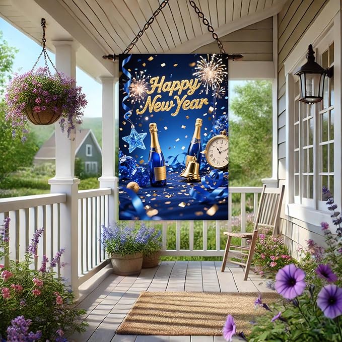 Happy New Year House Flag 28x40 Inch Double Sided Garden Flag Blue Champagne Clock and Fireworks Design Winter Holiday Yard Banner Large Outdoor Flag for Porch Lawn Home Decoration