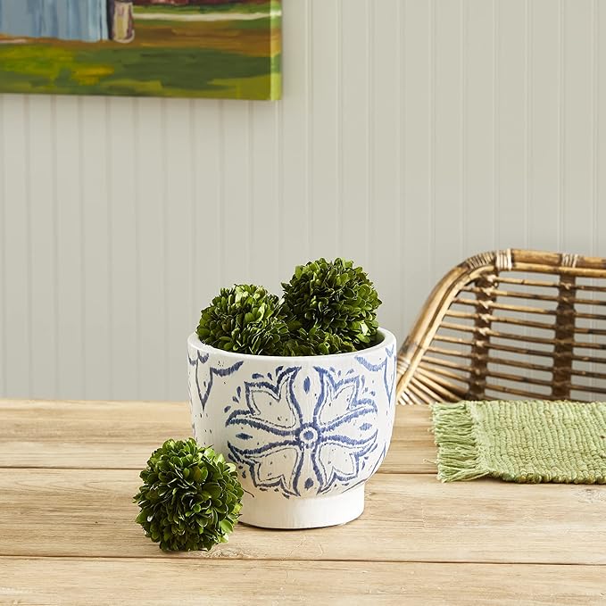 MY SWANKY HOME Mediterranean Blue White Medallion Planter Round Graphic Floret Coastal Pottery Indoor Outdoor 8 in Dia
