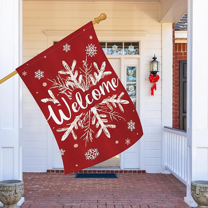 Heyfibro Christmas Welcome Garden Flag 28x40 Inch Double Sided Burlap, Winter Snowflake Yard Banner for Holiday Xmas Yard Outdoor Decoration(ONLY FLAG)