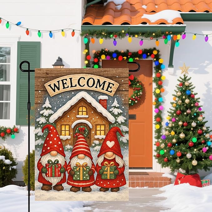 IVN Winter Garden Flag 12x18 Inch Double Sided Winter Gnomes with Gifts and Welcome Sign Outdoor Yard Flag for Outside Home Front Door Lawn Porch Patio Welcome Decor