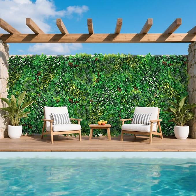 Yangrass Artificial Grass Wall Panels, 20''x20'' 8pcs Boxwood Wall Panels with Tropical Leaves, Faux Greenery Privacy Fence Screen, Grass Backdrop for Outdoor Indoor Garden Birthday Wedding Decor