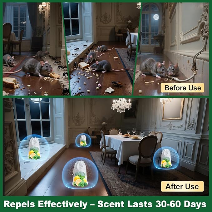 HLISIS 32PCS Mouse Rodent Repellent, Natural Mouse Repellent Peppermint Oil for Mice, Rats, Squirrels, Spiders and Pests, Keeps Pests Away Effectively from Garden & Home (Peppermint)