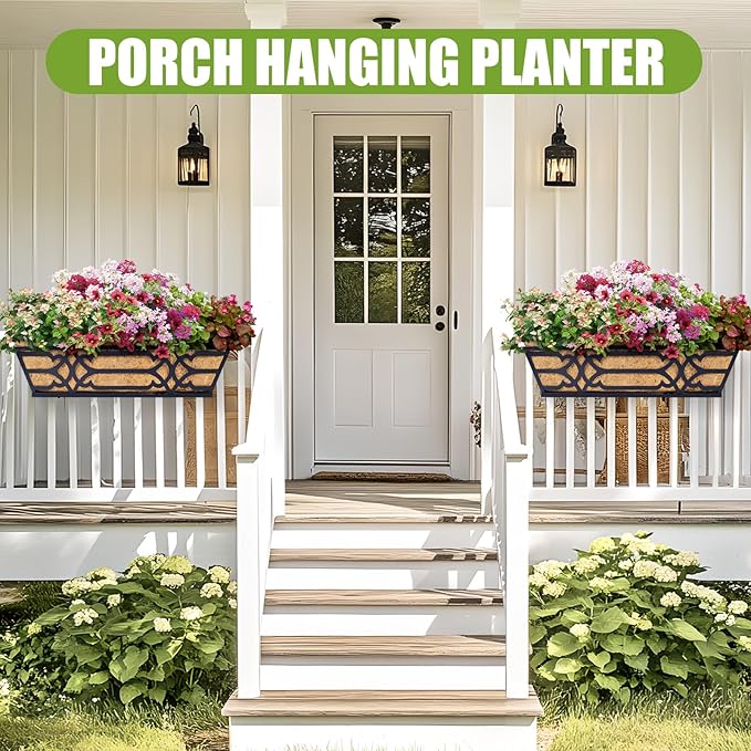 Railing Planter Box, Window Planter Boxes Outdoor 2 Pack 24 Inch Hanging Planter with Adjustable Bracket for Porch, Fence Flower Baskets with Coco Liners
