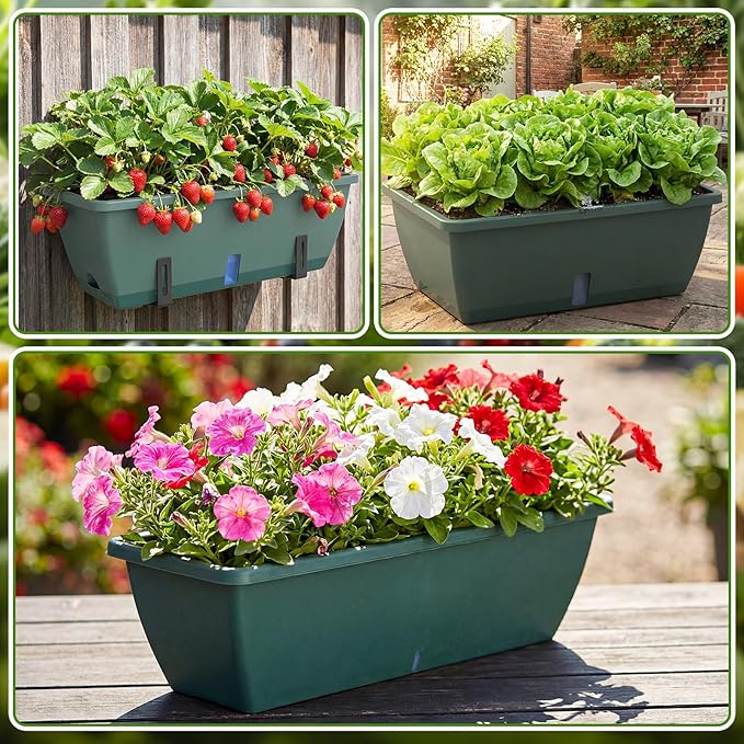 8 Pack 24 Inches Plastic Flower Window Box Planters with Water Absorbing Net Drainage Holes & Visible Water Level Window, Rectangular Vegetable Flower Pots for Indoor Outdoor Garden(Green)