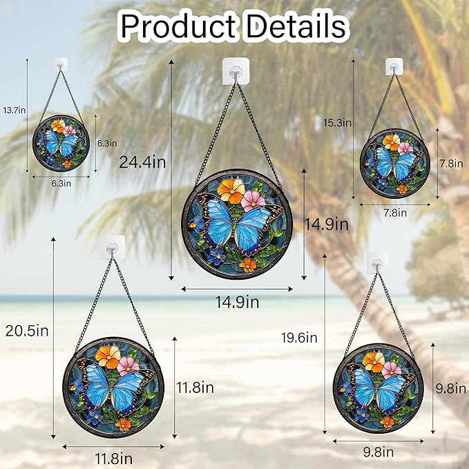 HWRHTR Stained Glass Window Hanging, Blue Butterfly Flower Suncatcher for Doors Home Sun Catchers Decoration and Christmas, Mother's Day Birthday Gifts for Women, Men, and Mom 9.8 in