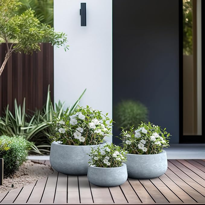 Kante 19.6",15.7",11.8" Dia Round Concrete Planters Set of 3, Cement Plant Pots with Drainage Hole and Rubber Plug for Outdoor Indoor Garden Home, Modern Curvaceous Design, Gray