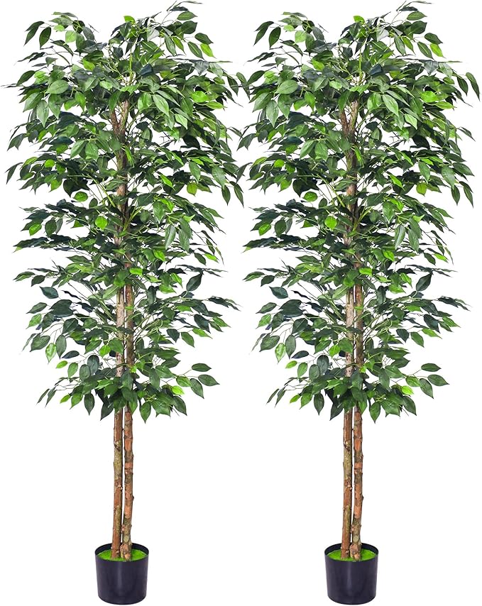 HAIHONG 2Packs 6FT Artificial Ficus Trees with Realistic Leaves and Natural Trunk, Faux Ficus Tree with Sturdy Plastic Nursery Pot, Fake Ficus Tree for Office Home Farmhouse for Indoor Outdoor Decor