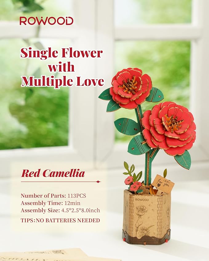 rowood 3D Puzzle Artifical Flower,DIY Wooden Flower Craft Kit Building,Mother's Day/Valentine's Day/Teacher's Day/Thanksgiving Day/Christmas/Birthday Gift for Mom/Women/Grandma/Wife/Her-Red Camellia
