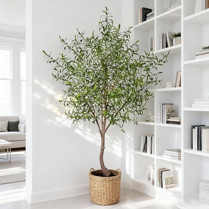 Niwellveb Fake Tree Faux Olive Tree Artificial Olive Trees Artificial Indoor Realistic Potted Silk Indoor Large Fruit for Home Offices, Living Rooms, Bedrooms, Stairs and Foyer Decor (8 Ft Leaf Type)