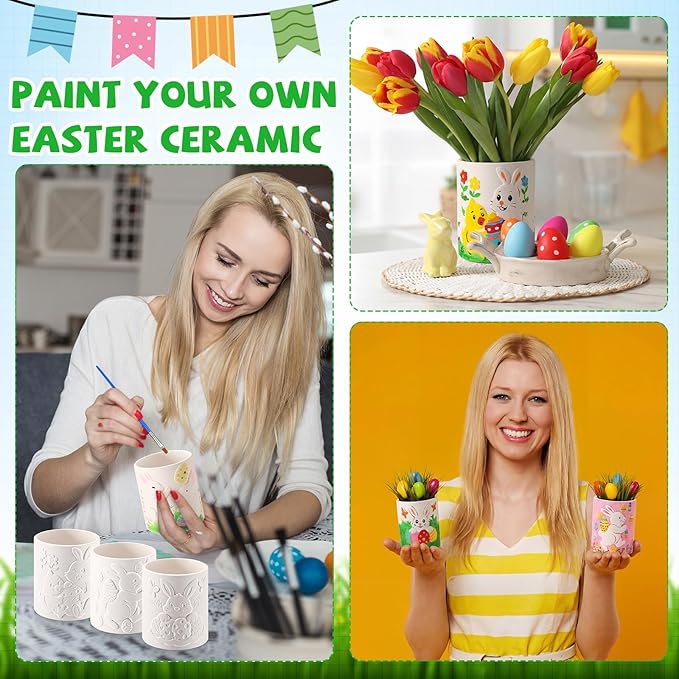 Zubebe 12 Pcs Easter Paint Your Own Bunny Ceramic Pots Bulk Unfinished Succulent Pots Painting Kits with Drainage Hole Mini Paintable Vase Ready to Paint Easter Gifts Basket Stuffers for DIY Craft