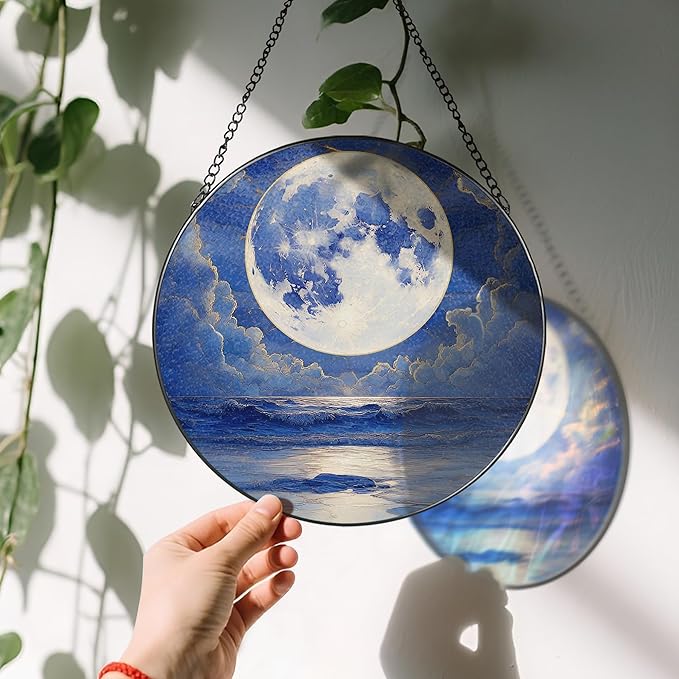 LAOWEIKI 8'' Full Moon Over Ocean Sun Catcher Ornament, Stained Glass Window Hanging, Suncatchers for Windows Hanging Ornaments, Window Decor | Ideal Gift, Mother's Day, Christmas, Birthday Gifts