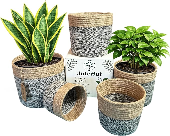 Planter Basket Set – 5-Piece Handwoven Jute Planter Basket for Home Decor, Nursery, or Indoor Plants (5'' to 8'' Diameter, 4.75'' to 7.75'' Height) – Fold & Wrinkle Free - Natural Jute with White Band