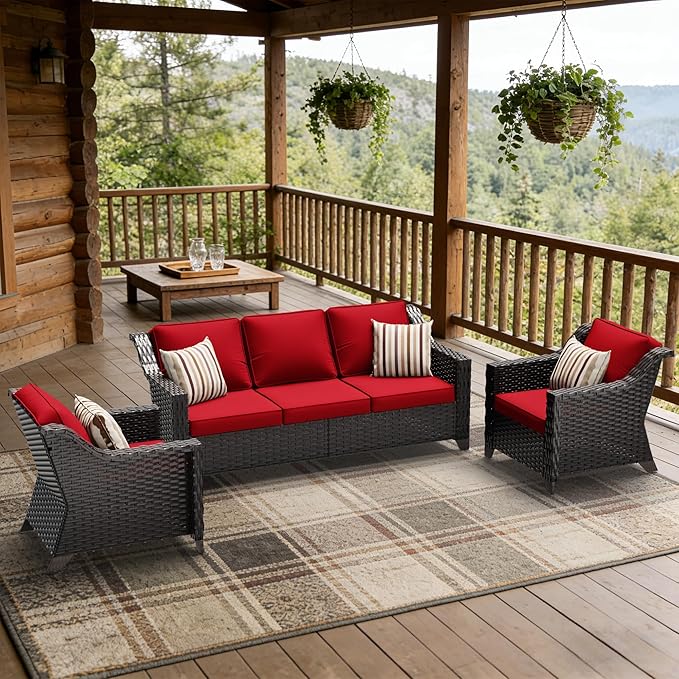 3 Pieces Patio Conversation Furniture Set - 1 Sofa, 2 Armchairs, Outdoor Wicker Furniture with Removable Cushions for Porch, Balcony, Sunroom (Red)