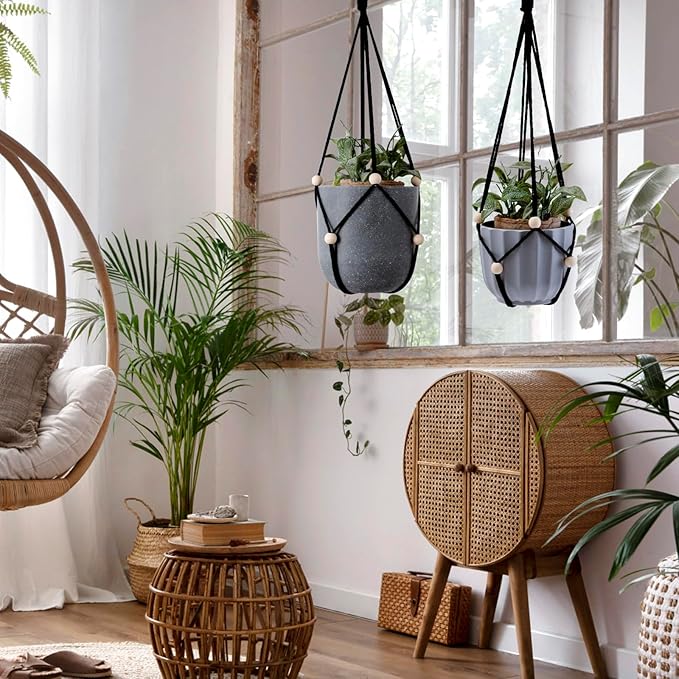 Artilady Black Hanging Planter for Indoor Plants Macrame Plant Hanger Large Hanging Plant Holder Basket with Adjustable Beads Outdoor Window Boho Plant Wall Decor (Black Bead)