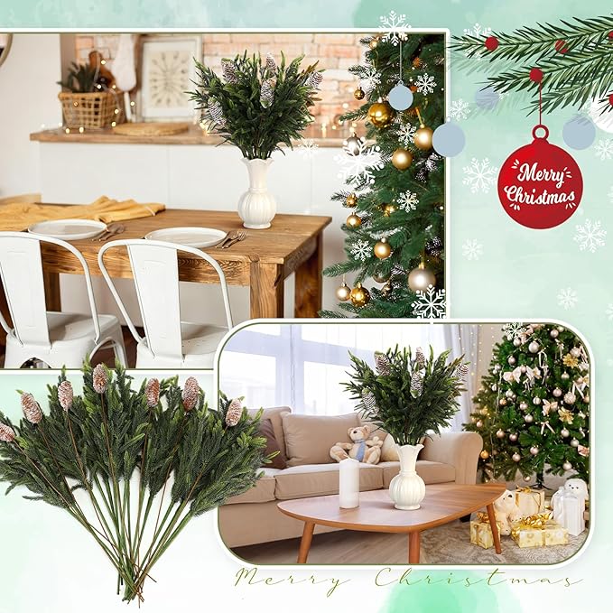 24 Pcs 23 Inch Christmas Realistic Norfolk Pine Branch Set with Pine Cones Stems Artificial Green Plants Branches Faux Greenery Stem Fake Cedar Picks for Vase DIY Garland Wreath Home Decor