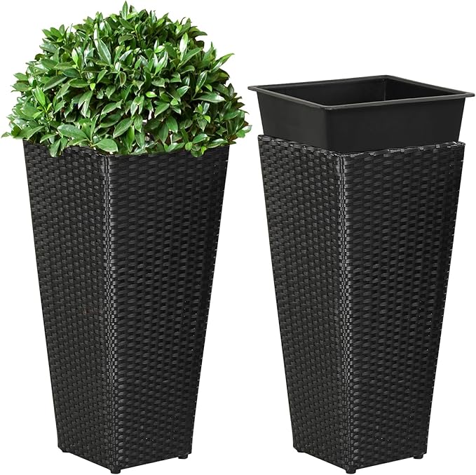 Giantex Tall Planters Set of 2, 24”H Tapered Rattan Planter with Detachable Inner Boxes, Indoor Outdoor Standing Wicker Flower Pots for Front Porch Patio Balcony, Black