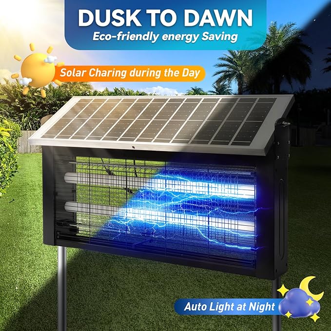 Solar Bug Zapper Outdoor w 20W Solar Panel, LANGY 4500V Electric Bug Zapper Solar Powered w 16ft Cable for 4000 Sq.ft, Mosquito Zapper Outdoor Waterproof w 6000mAh Battery for Patio Yard Home Camping