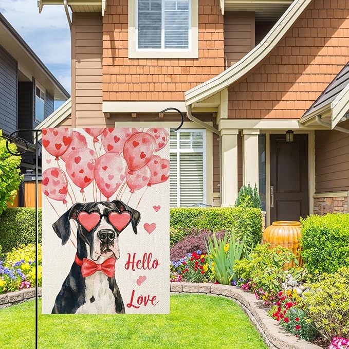 Valentine's Day Great Dane Hello Love Garden Flag, House Yard Plaid Love Heart Outside Decoration, Spring Holiday Wedding Anniversary Outdoor Small Decor 12x18(12628)