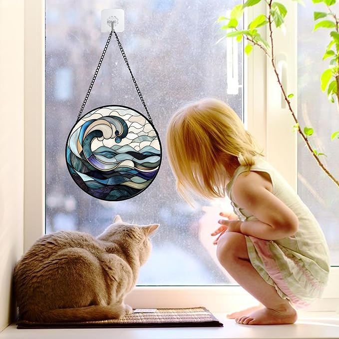 DASTOLL Stained Glass Window Hanging, Ocean Waves Sun Catchers Diamond Glass Panel Hangings Abstract Suncatcher Decor for Birthday for Women, Men, Wife, Aunt, and Mom 6.3 in