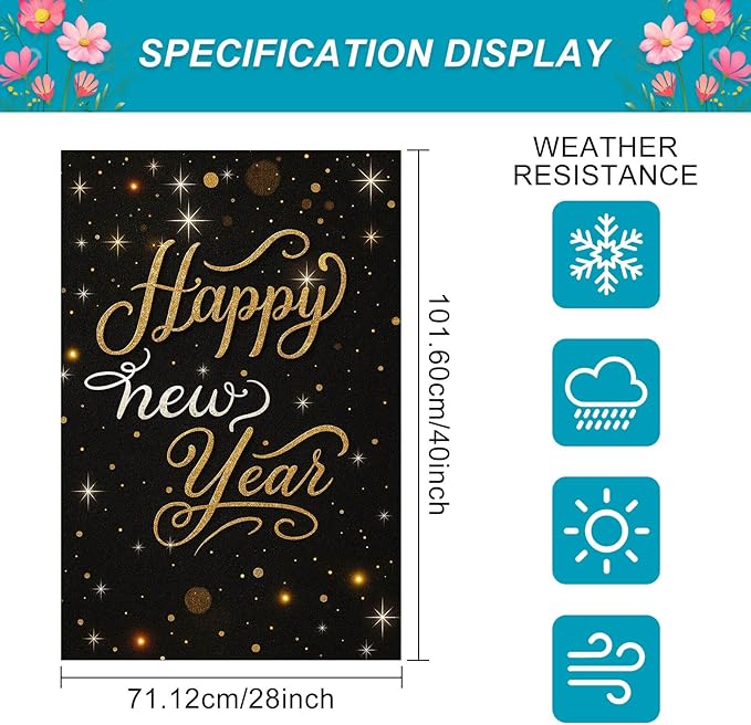 Happy New Year House Flag 28x40 Inch Black and Gold Sparkle Design Garden Flag Outdoor Yard Decoration Elegant Holiday Celebration Banner for Home Porch Lawn