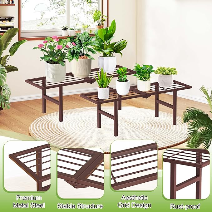 jsyonii 2 Pack Metal Plant Stand Outdoor Indoor, 1 Tier Folding Tiered Flower Plant Shelf, Heavy Duty Ladder Multiple Pot Display Plant Rack for Patio Garden Balcony Windowsills, Brown