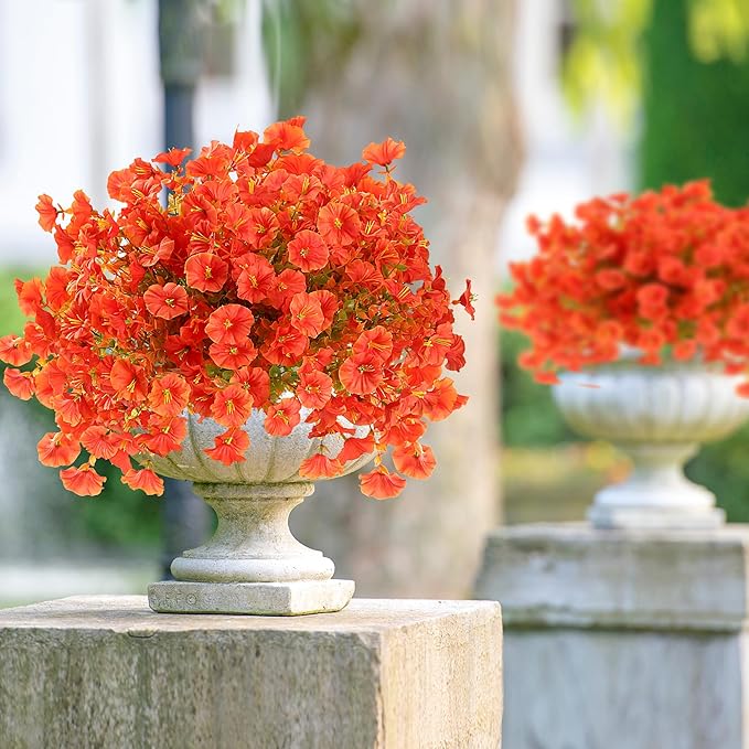 Artificial Flowers for Outdoors 12 Bundles Realistic Faux Plants UV Resistant Fake Silk Morning Glory with Eucalyptus for Front Door Planter Patio Porch Fall Thanksgiving Autumn Decoration (Orange)