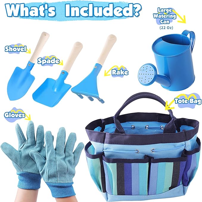 Kids Gardening Tools Set, Toddler Play Kit Child Outdoor Toy with Gloves, Watering Can, Metal Shovel, Rake, Spade & Storage Bag, Backyard Sand Digging Holiday Birthday Gift for Boy Girl 3 4 5 (Blue)