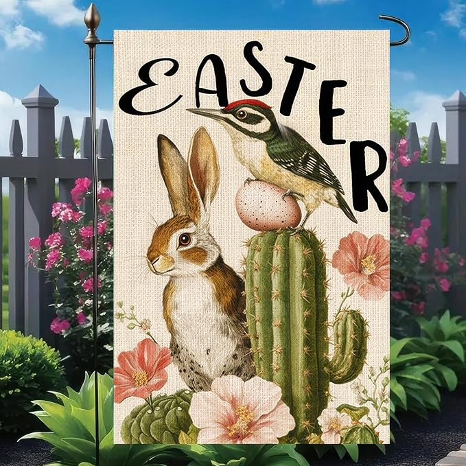 Easter Garden Flag 12x18 Inch Double Sided Spring Bunny Garden Flags Bird Cactus Yard Flag for Spring Easter Decor Porch Farmhouse Outdoor Outside Decortion