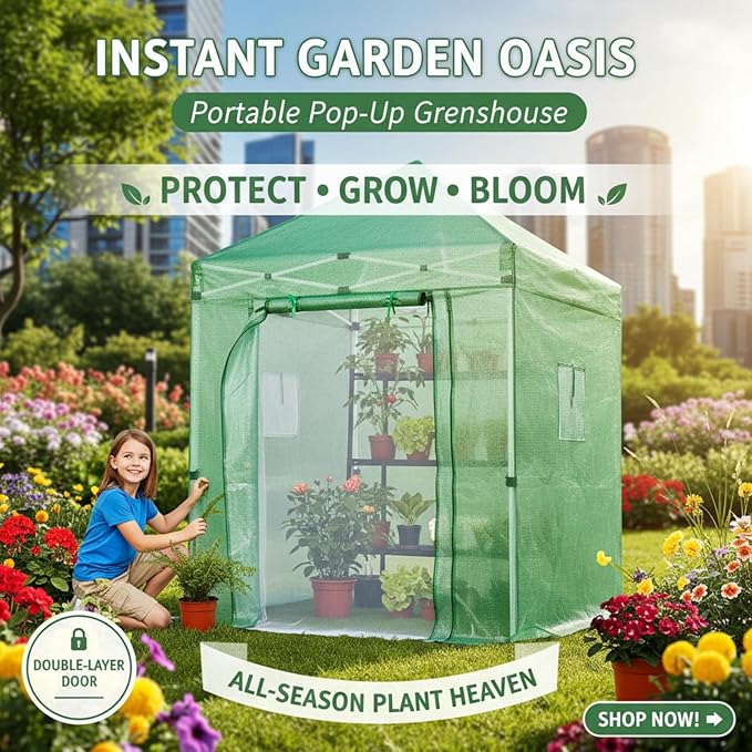 79”x 79”x 107”Walk in Instant Pop-up Greenhouse,Indoor Outdoor Gardening Green House, Roll-Up Zipper Doors and Side Windows Mesh Windows, Thickened PE Cover & Heavy Duty Steel Frame, Green