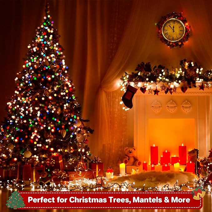 66ft 200 LED Christmas Tree String Lights Outdoor Fairy Lights Plug in, Expandable Green Wire Clear Bulbs Mini Lights 8 Modes, Xmas Wedding Party Decoration (Multicolor)