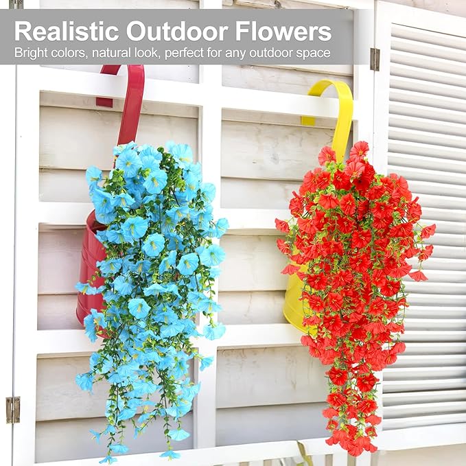 Artificial Flowers for Outdoors Decoration, 4Pcs Fake Hanging Flowers Morning Glory UV & Fading Resistant, Artificial Faux Plants Deocr for Home Porch Patio Balcony Planter Yard Garden Farmhouse