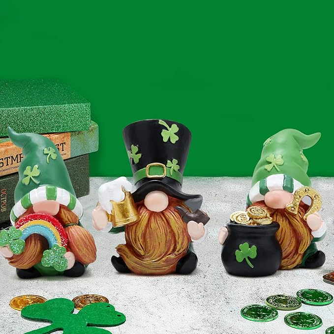 Hodao 3 PCS St Patricks Day Gnome Decorations Beard Elf for St Patrick's Day Decor Home Table Ornament Decor Dwarf Figurines for St. Patricks Day Gifts Green Irish Handmade Gnome Decoration