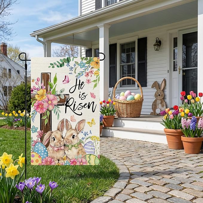 CROWNED BEAUTY Easter Garden Flag He is Risen Cross Bunnies 12x18 Inch Double Sided Floral Holiday Decoration for Outdoor Lawn Yard
