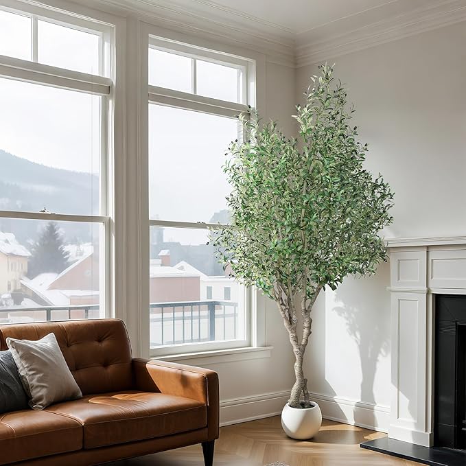 Jocoevol Artificial Olive Tree 8FT, Indoor Fake Silk Plant with Realistic Trunk, Leaves, Fruits and White Planter, Faux Potted Tree for Home Decor and Housewarming Gift, 1 Pack