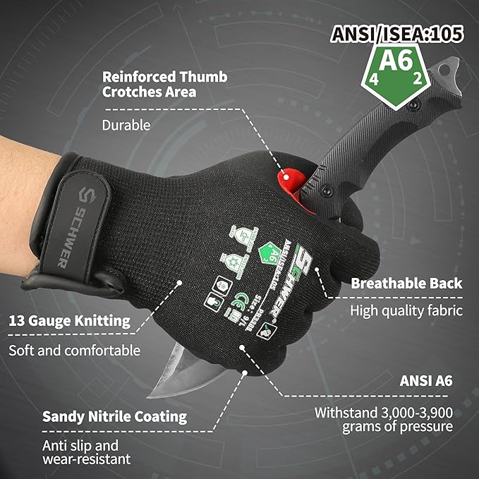 FreezeGuard Winter Work Gloves for Men and Women, ANSI A6 Cut Resistant Gloves With Super Grip, Freezer Glove for Work Touchscreen, Thermal Insulated, PR3388, Non PFAS, Black Knight (XL, 1 Pair)
