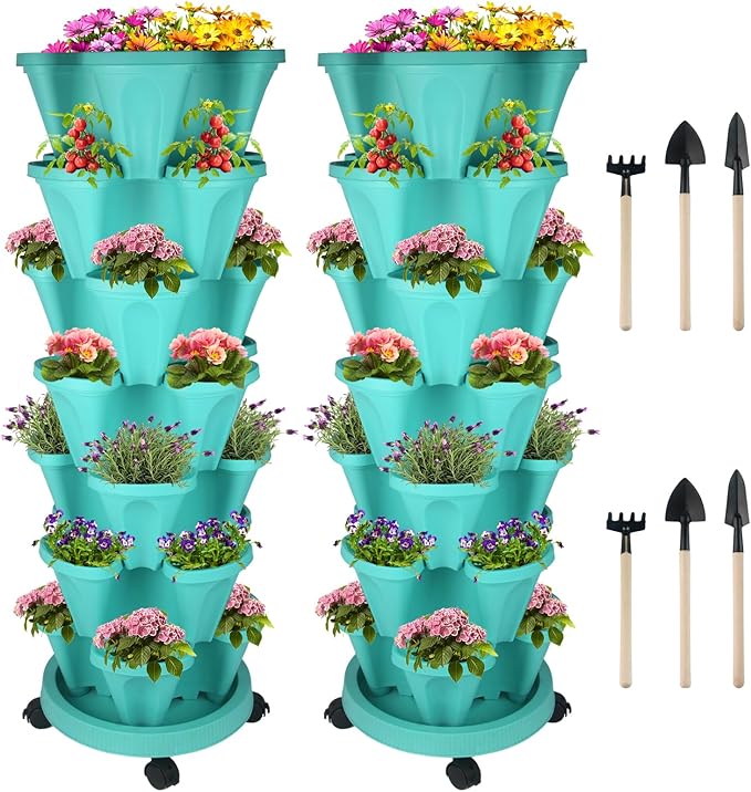 DUNCHATY Stackable Planter, Vertical Garden Planter with Wheels and Tools, Self Watering Strawberry Planter Indoor/Outdoor 7 Tier Herb Planter Pots for Growing Vegetables and Succulents, Teal
