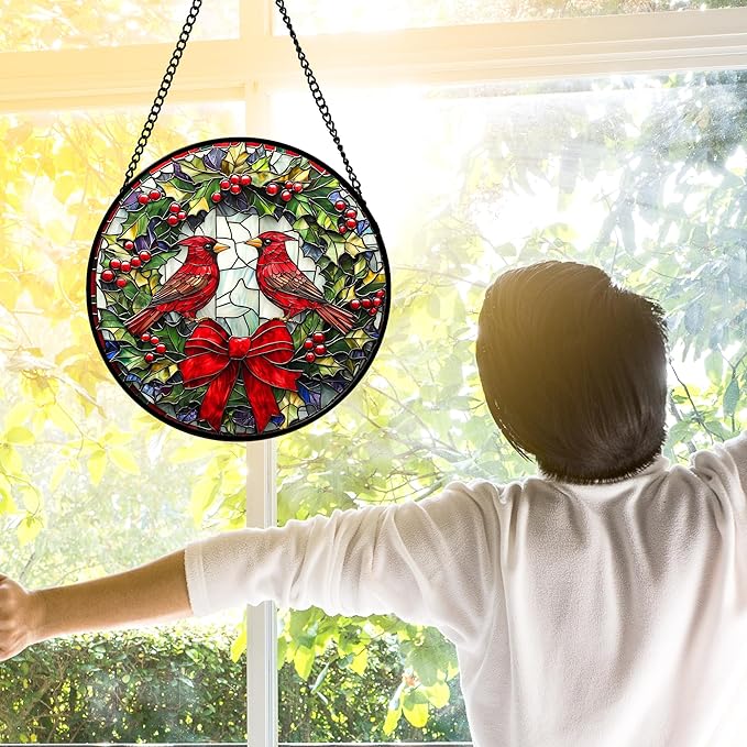 DASTOLL Stained Glass Window Hanging - Cardinals Green Wreath Suncatcher for Doors Home Christmas Decoration Red Bird Sun Catcher Thanksgiving New Year Birthday Gift for Women Men Mom Nana 11.8 in