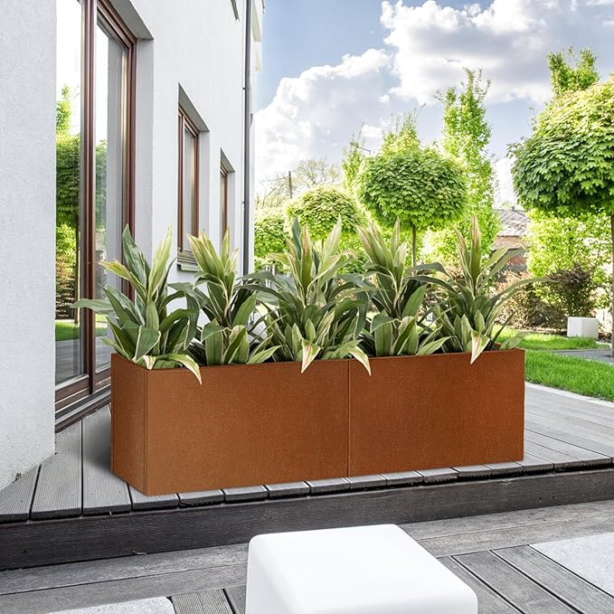 GZLVSOW Corten Steel Corner Metal Planter Box L36 x W12 x D16 Rusted Garden Steel Planter Pot for Patio Modern Farmhouse Rustic Design (L36 x W12 x D16, Rusted)