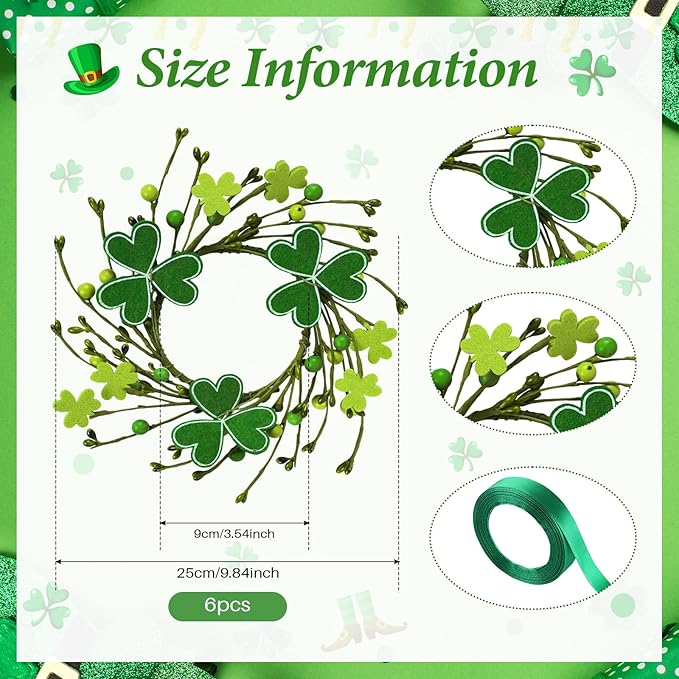 6 PCS Mini St. Patrick's Day Felt Shamrocks Wreath for Front Door St. Patrick's Day Kitchen Cabinet Wreaths Decorations with Ribbon Small Spring Green Irish Clover Berry Wreath for Porch Wall Window