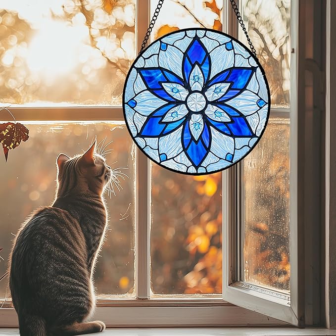 AMDERVEN Stained Glass Window Hanging, Blue Tiffany Style Flowers Sun Catcher for Window Door Home Decor Suncatcher Christmas Mother's Day Birthday Gifts for Women Men Mom and Nana 11.8 in