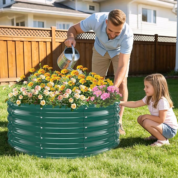 16 Inch Tall Heavy-Duty Round Steel Rised Garden Bed – Wave-Shaped Design Galvanized Metal Planter Box for Vegetables Flowers Succulent at Patio/Garden Outdoor (Green, 40" Diameter X 16" Tall)