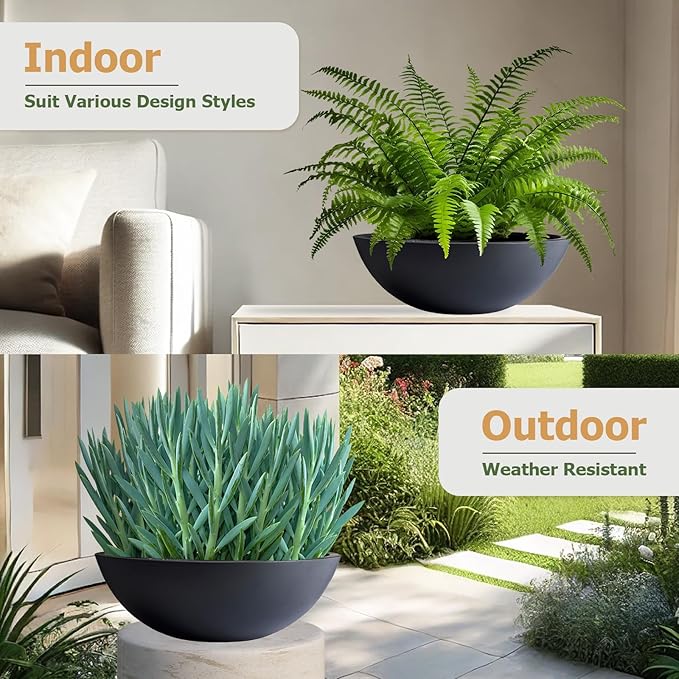 KUTE NEST 7.7" H x 22" D Round Bowl Fiberstone Planter for Succulent and Lotus with Drainage Hole, Smooth Finishes, Weather Resistant, Included 2 Extra Coco Mats (Black, 19.9" Pot Opening)