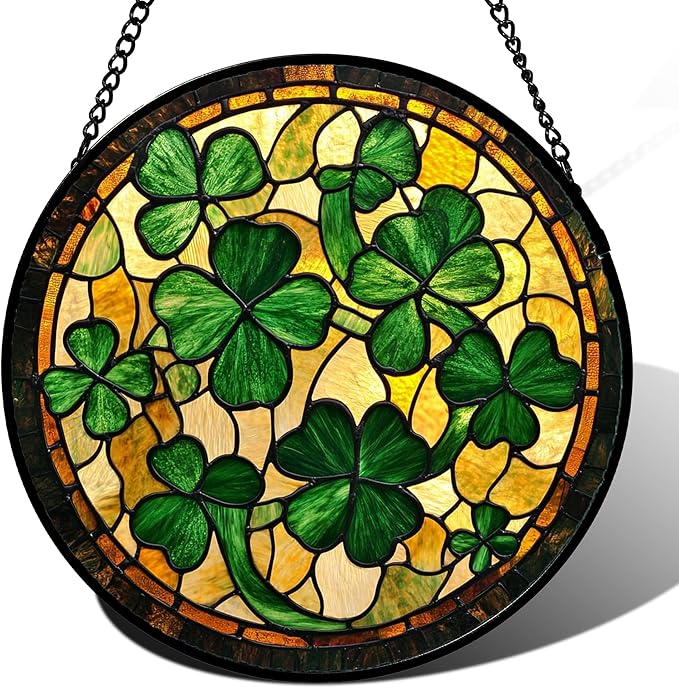 QZQCBLC Stained Glass Window Hanging Green Retro Lucky Clover Large 15" - Suncatcher Door Garden Sun Catcher Ireland Decor Birthday Mother's St. Ripack's Day Gift for Woman Mom Men Friend Nana Wife