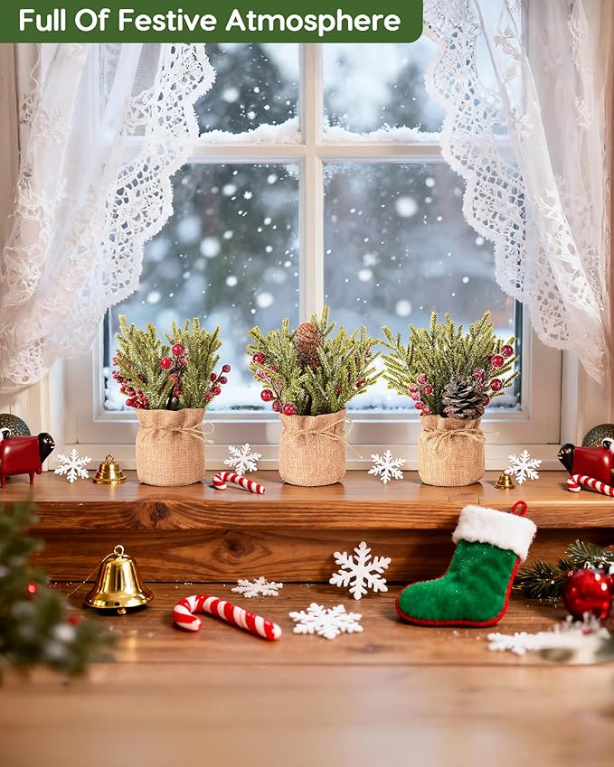 Velener Artificial Christmas Flowers for Outdoor-3 Pcs Faux Pine Branches with Red Berries & Pinecones, Fake Christmas Greenery Stems with Burlap Bag Vase, Winter Norfolk Pine Branches for Indoor